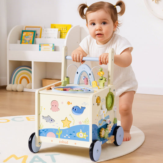 Wooden baby push walker with bead maze