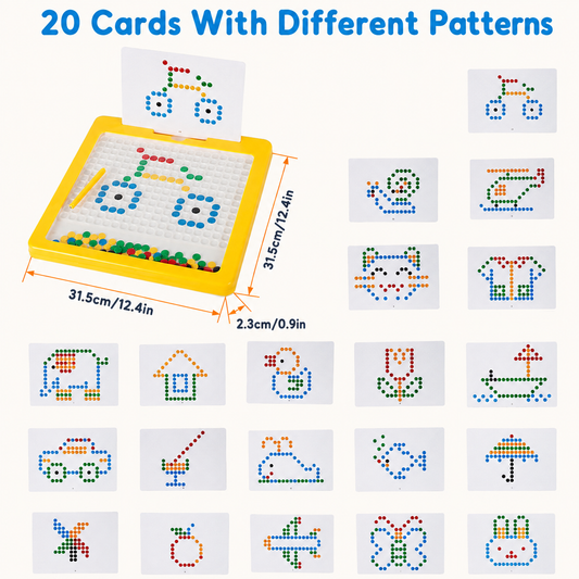 Close-up of the magnetic dots and pattern cards on the board