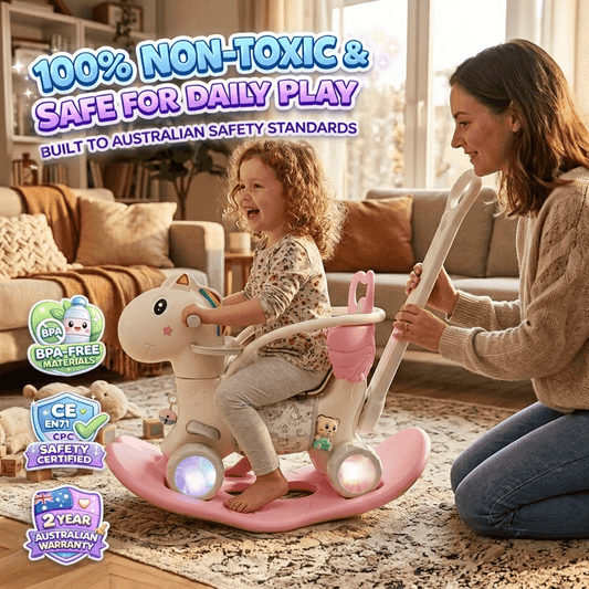 5-in-1 convertible toddler rocking horse shown in rocking pony mode