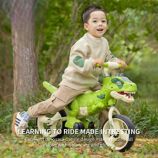 Kids balance bike with T-Rex design, front angle showing dinosaur head detail