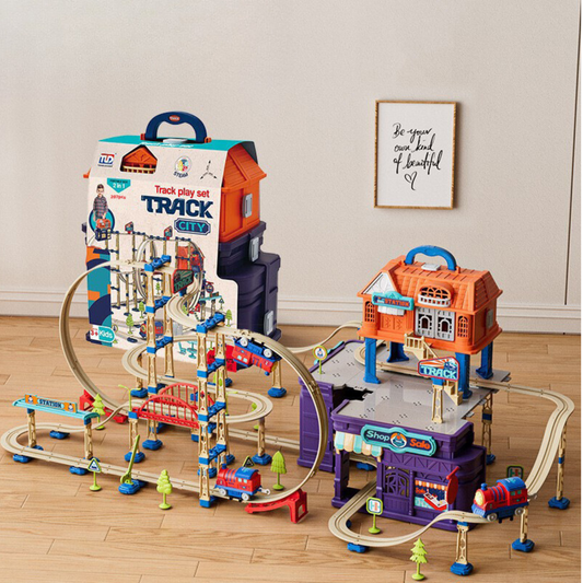 Train track playset close-up of station building and platform section