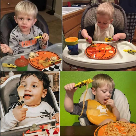 Child using construction plate with food divided into separate sections