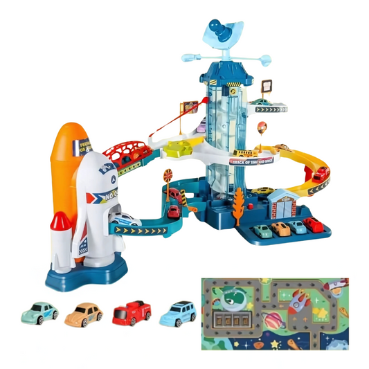 Toy race car zooming through the assembled circular galaxy race track