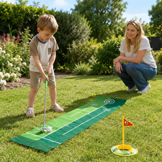 Mini golf set with adjustable clubs, close-up