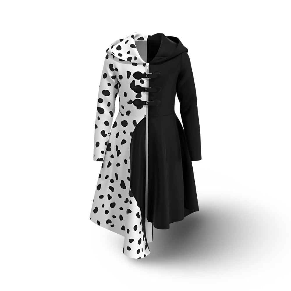 Cruella Costume Dress with Dalmatian Spots and Attached Hood