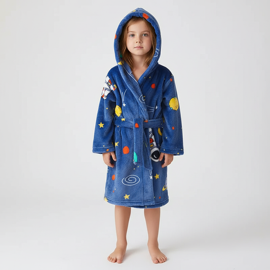 Back view of kids' fleece morning gown with tie belt
