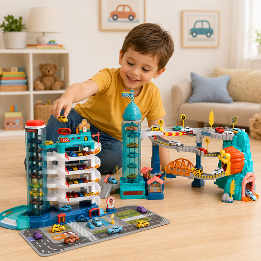Child playing with the Parking Garage and Highway playsets together in a living room