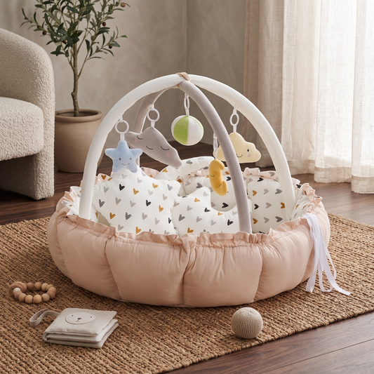 baby play gym with attachments, side view