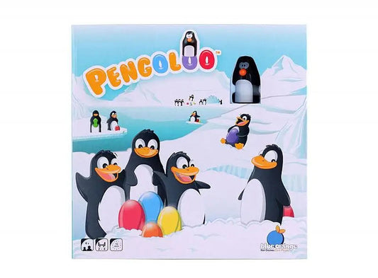 Pengoloo game contents next to the box: penguin pieces, coloured number tracks, and two dice