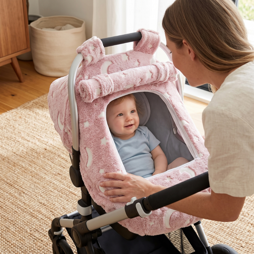 Infant Car Seat Cover with Zip Mesh Window - Moon & Star