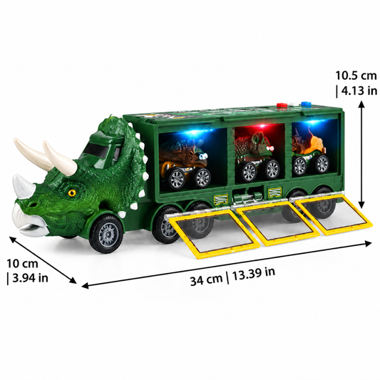 Dinosaur toy truck lit up with lights and sound effects, side view