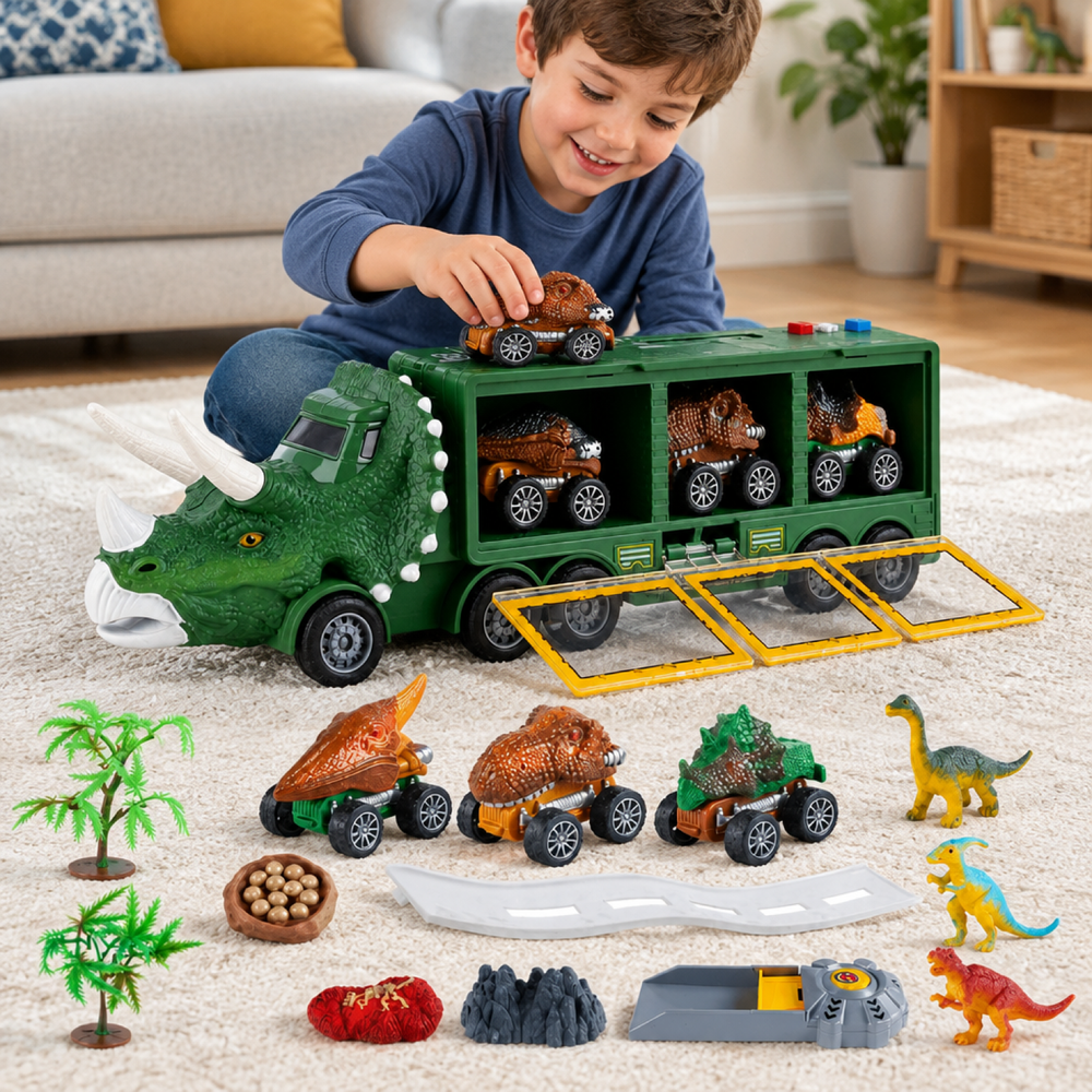 Dinosaur Transport Toy Truck with Mini Vehicles and Sounds