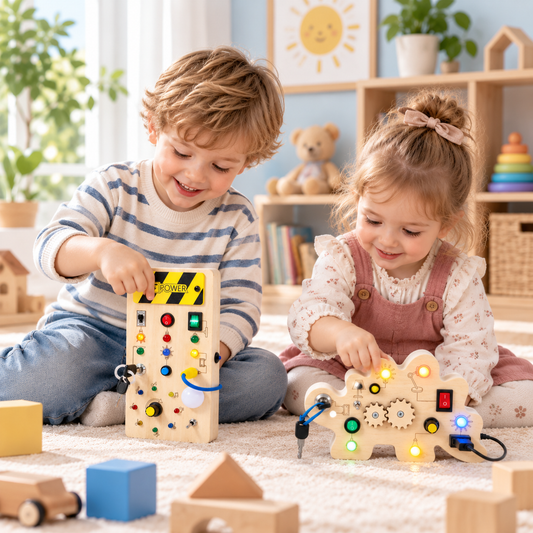 Two children playing with the Power Panel and Dinosaur busy boards, pressing the light-up switches