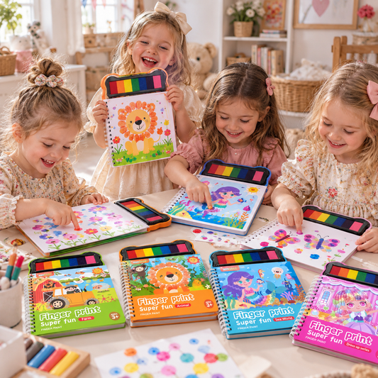 Child creating art with finger paints, happy face