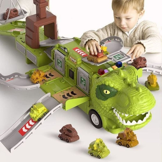 Green T-Rex dinosaur toy truck playset with mini dinosaur cars on the loading ramp