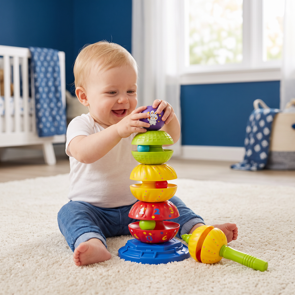 Interactive Spinning Stacking Tower with Rattle for Kids - Develops Fine Motor Skills