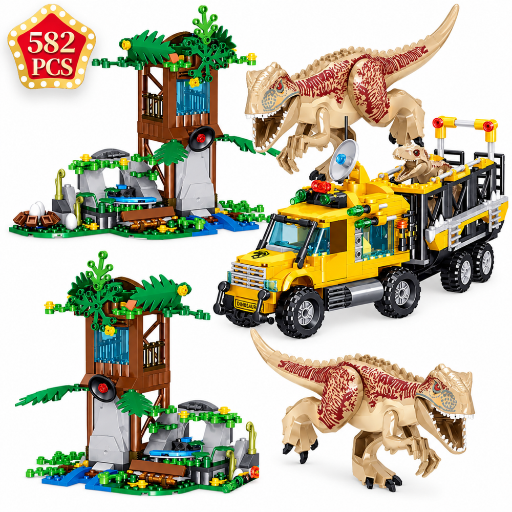 Light-Up T-Rex Dinosaur Building Block Set - 582pc Capture Truck & Tower