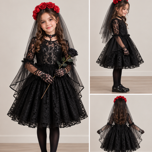 Girls gothic ghost bride costume, black lace dress side view