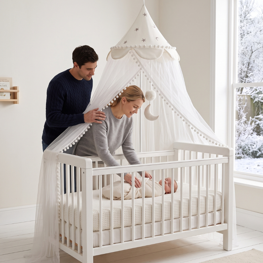 Palace-style baby crib canopy full view in nursery