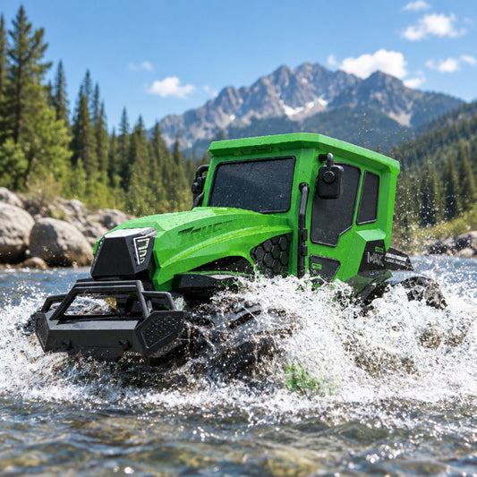 Amphibious RC tractor toy driving through water, water mode action shot