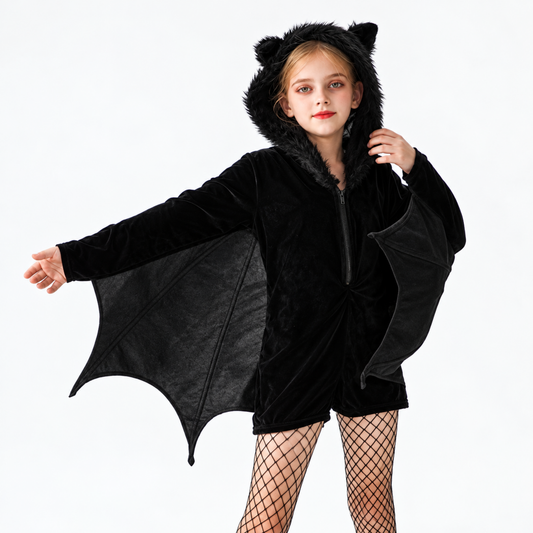 Bat wing hooded jumpsuit costume, back view showing wing sleeves