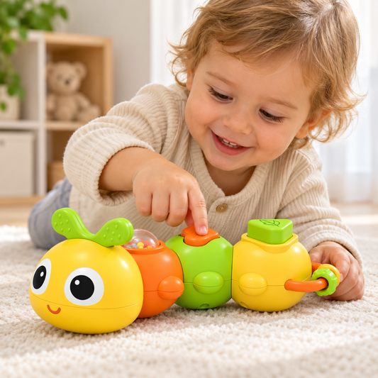Baby playing with twisty caterpillar sensory toy