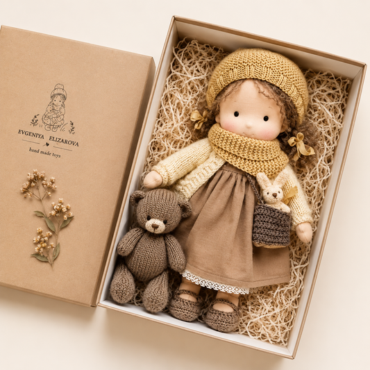 Handmade fabric doll wearing a mustard knit hat and brown skirt, seated with a knit teddy bear