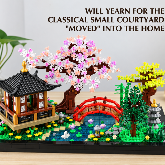 Zen garden building block model, close-up of pavilion and bridge
