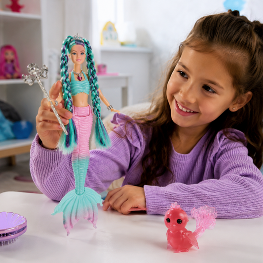 Interactive light-up singing mermaid doll set with magic wand and pet accessory, full set view