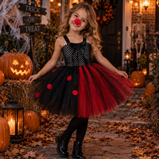 Girls black and red clown tutu dress with red nose accessory, styled look