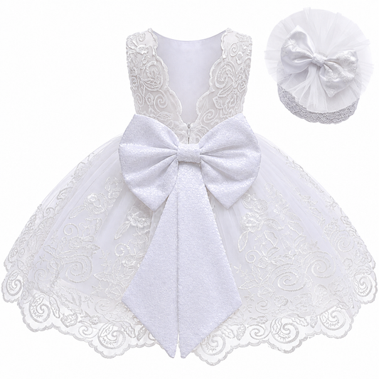 White lace party dress with big bow for baby girls