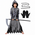 Girls Skeleton Grim Reaper Costume - Hooded Dress with Scythe, Chain & Gloves