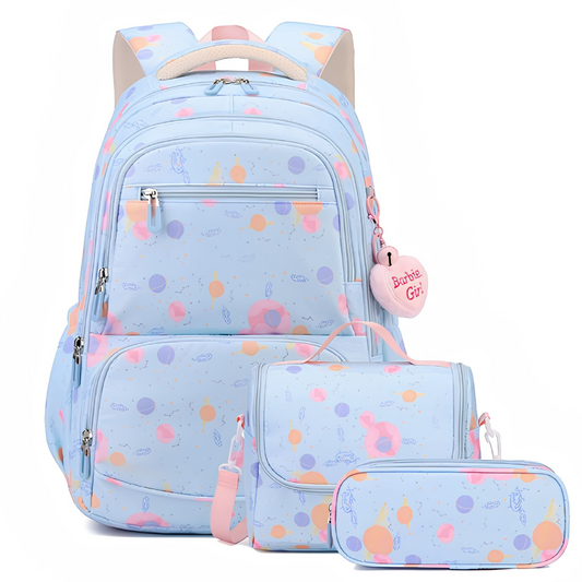 Three-piece cartoon print backpack set, sky blue