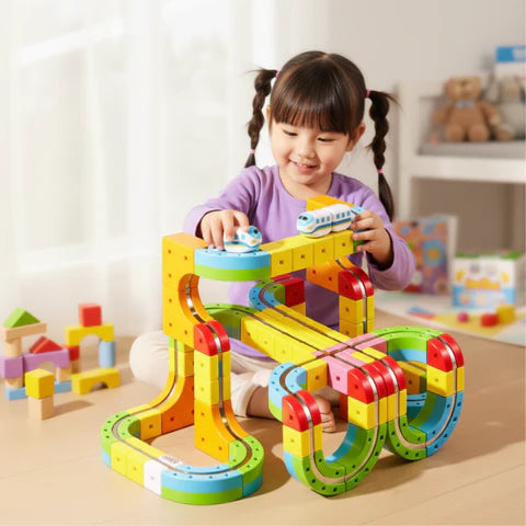 Girl playing with magnetic rail train set