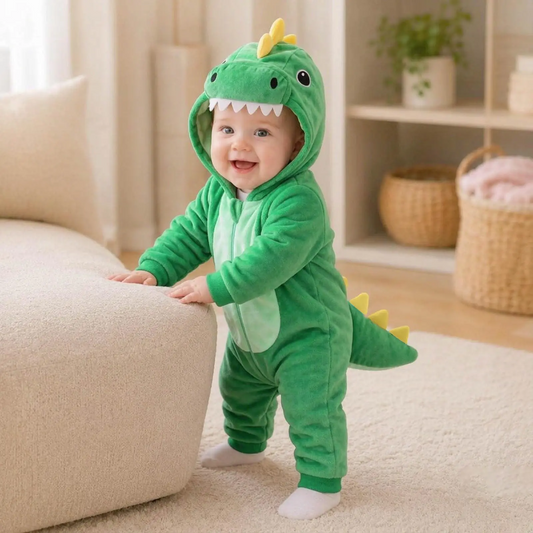 Baby dinosaur hooded onesie on baby