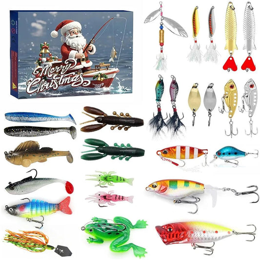 Close-up of assorted fishing lures included in the advent calendar