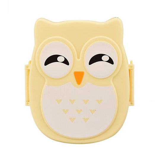 Kids owl lunch box, yellow, 2 compartments with cutlery