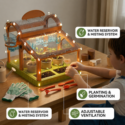 Acrylic greenhouse kit with growing seedlings
