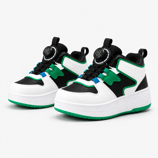 Green kids LED light-up roller sneaker, clean studio product shot on white background, side view