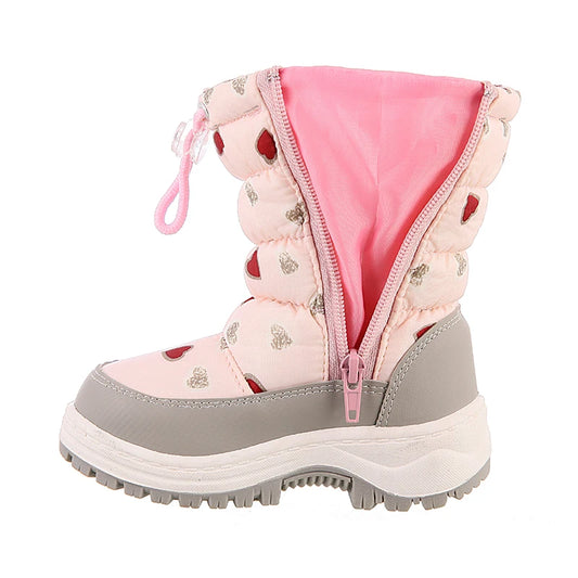 Close-up of the soft plush interior lining inside a girls' anti-slip snow boot
