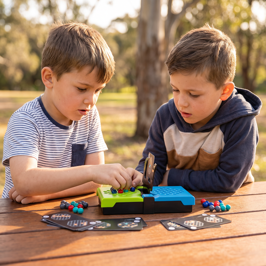 Two players placing coloured balls on logic puzzle game boards