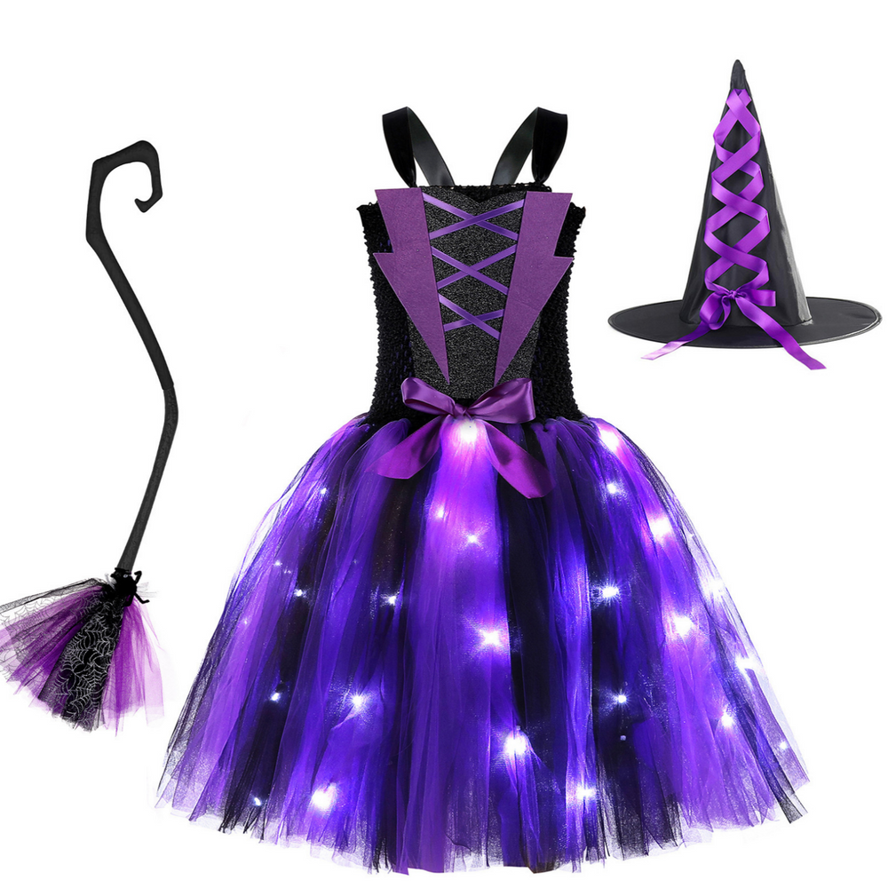 Girls Purple & Black LED Light-Up Halloween Witch Costume - Tutu Dress with Hat & Broom