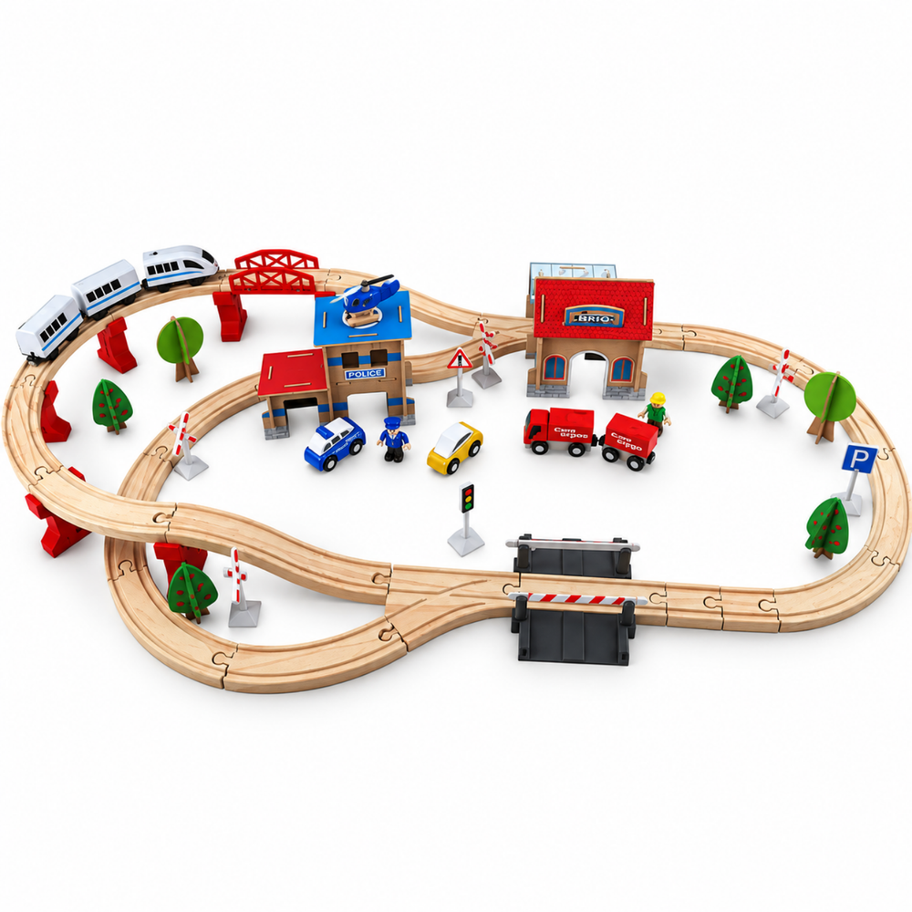 88-Piece Wooden Train Track Set with Bridge, Station & Vehicles