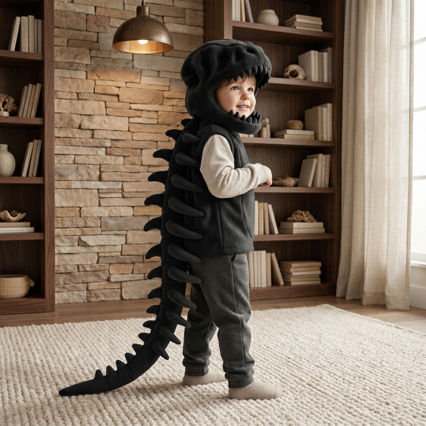 Black dinosaur plush hooded neck warmer for kids