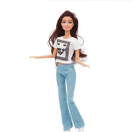 Fashion doll wearing black graphic tee and polka-dot flare trousers