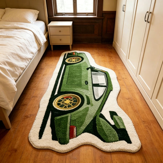 Green car-shaped plush bedroom rug on floor