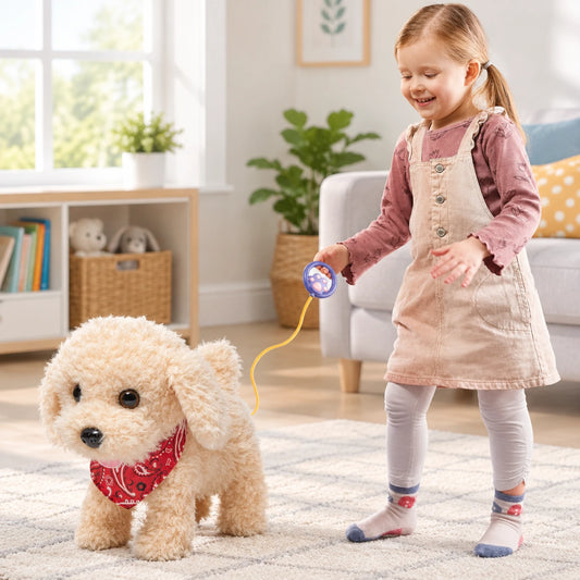 Child walking the remote control plush puppy toy on its leash indoors
