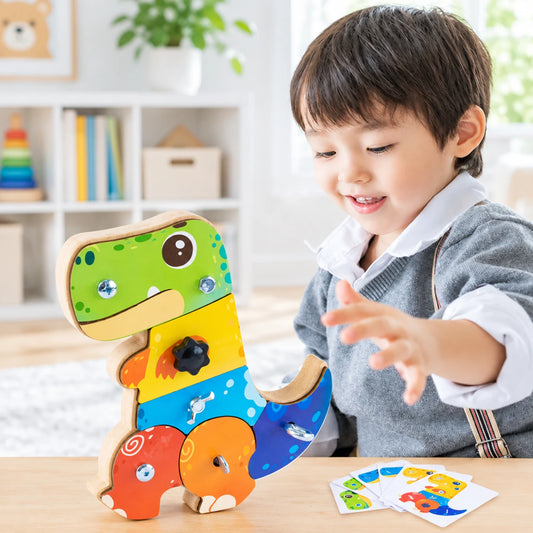 Child using a screwdriver to assemble the wooden dinosaur Montessori fine motor toy