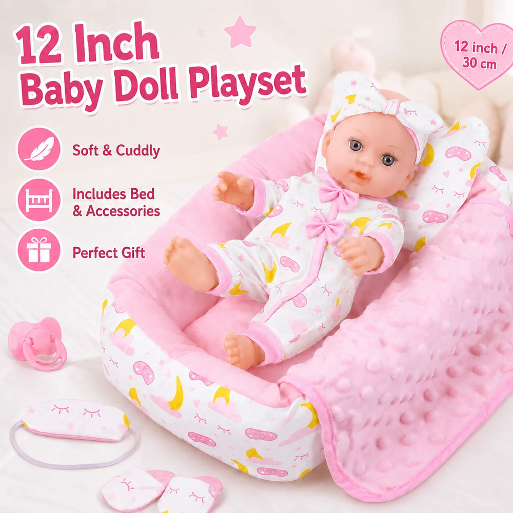 12 Inch Baby Doll Playset with Fold-Out Bed & Accessories
