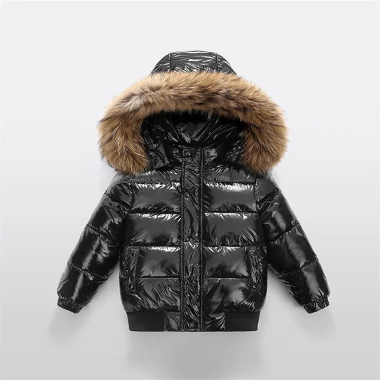 Kids black shiny down jacket with faux fur hood